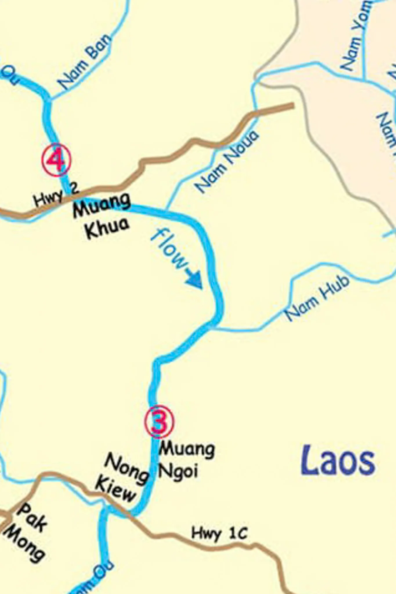Detail map showing the Nam Ou river flow direction from Muang Khua downstream past Nong Kiew to Muang Ngoi in Laos