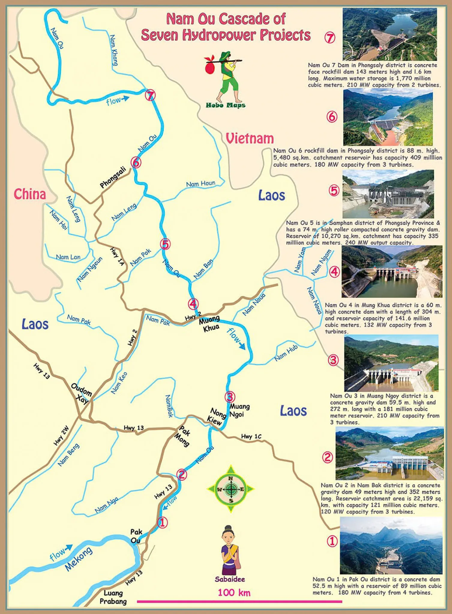 Illustrated map showing the seven Nam Ou cascade hydropower dam projects along the river from Phongsaly to Luang Prabang in Laos