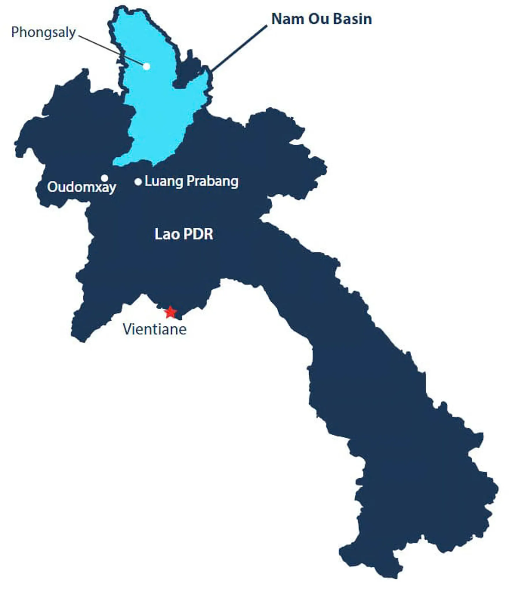 Map of Laos highlighting the Nam Ou river basin in Phongsaly province, showing Luang Prabang, Oudomxay, and Vientiane
