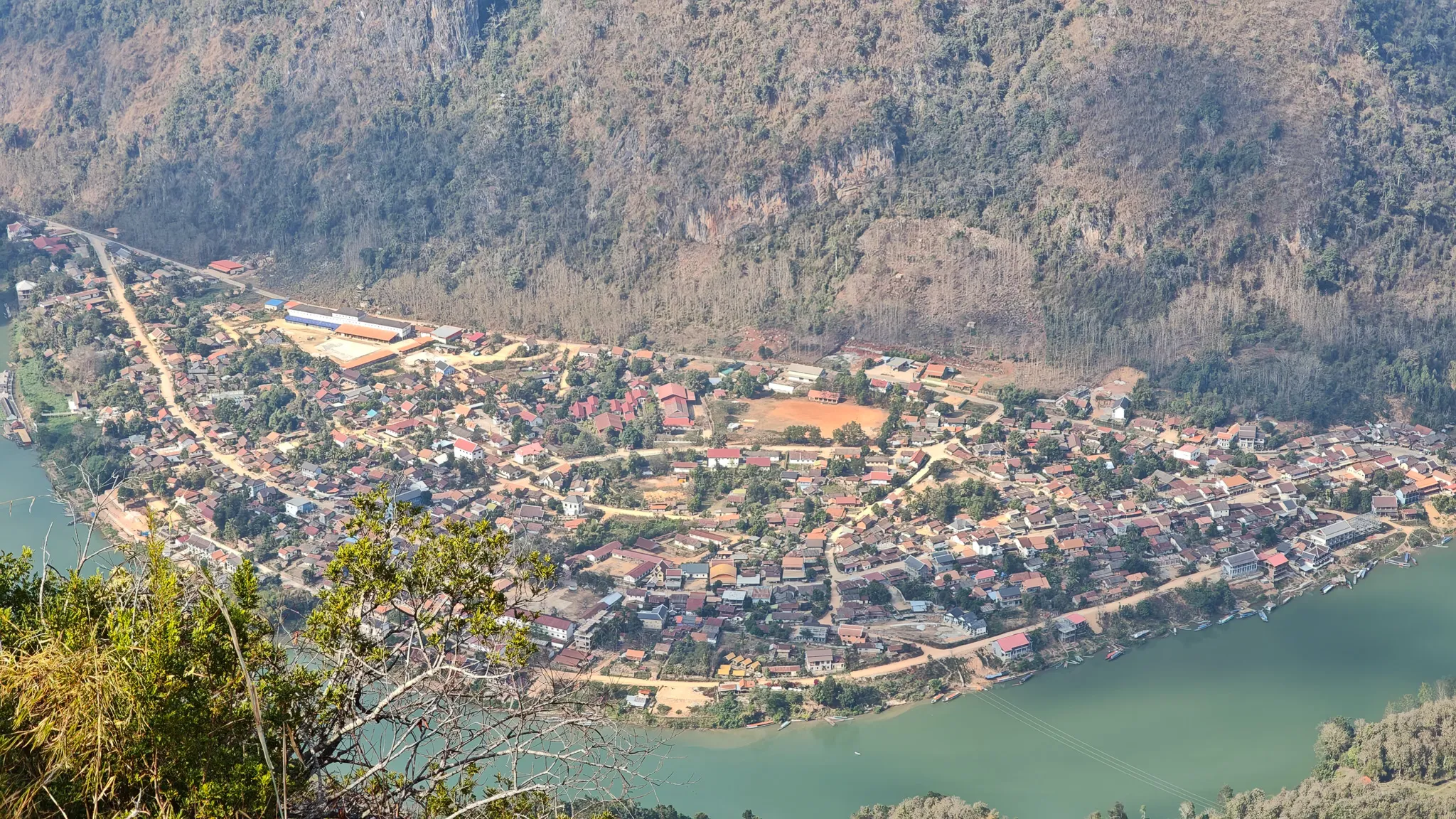Aerial view of Nong Khiaw town and the Nam Ou river from the Pha Kew Lom viewpoint
