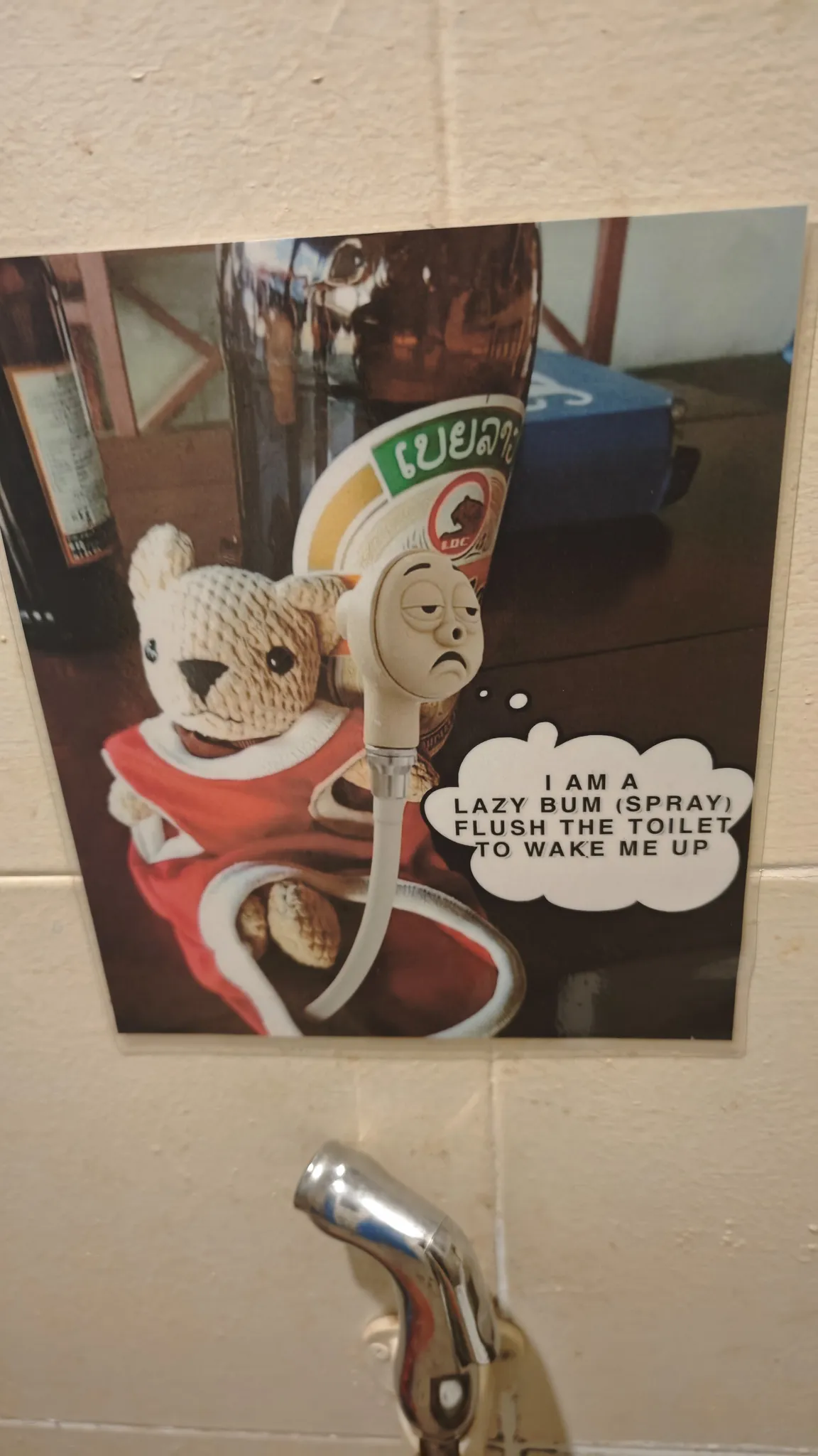 Funny Beer Lao themed flush the toilet sign with a teddy bear in a Vang Vieng bar bathroom