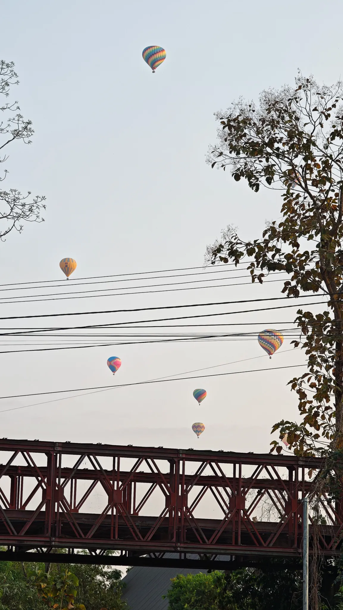Five colourful hot air balloons floating above a red iron bridge in Vang Vieng at dusk
