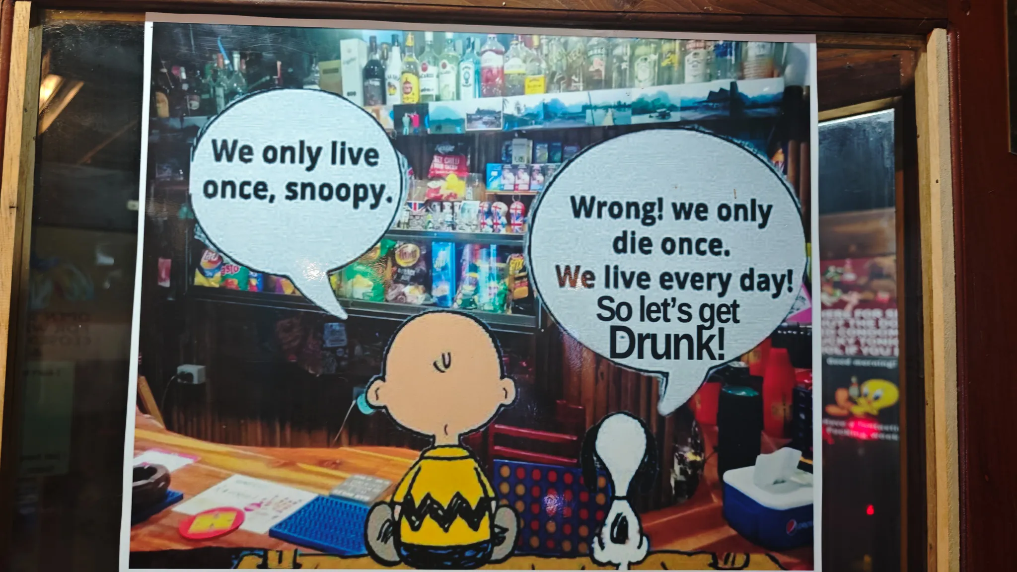 Charlie Brown and Snoopy cartoon bar sign saying We only die once so lets get drunk at a Vang Vieng bar
