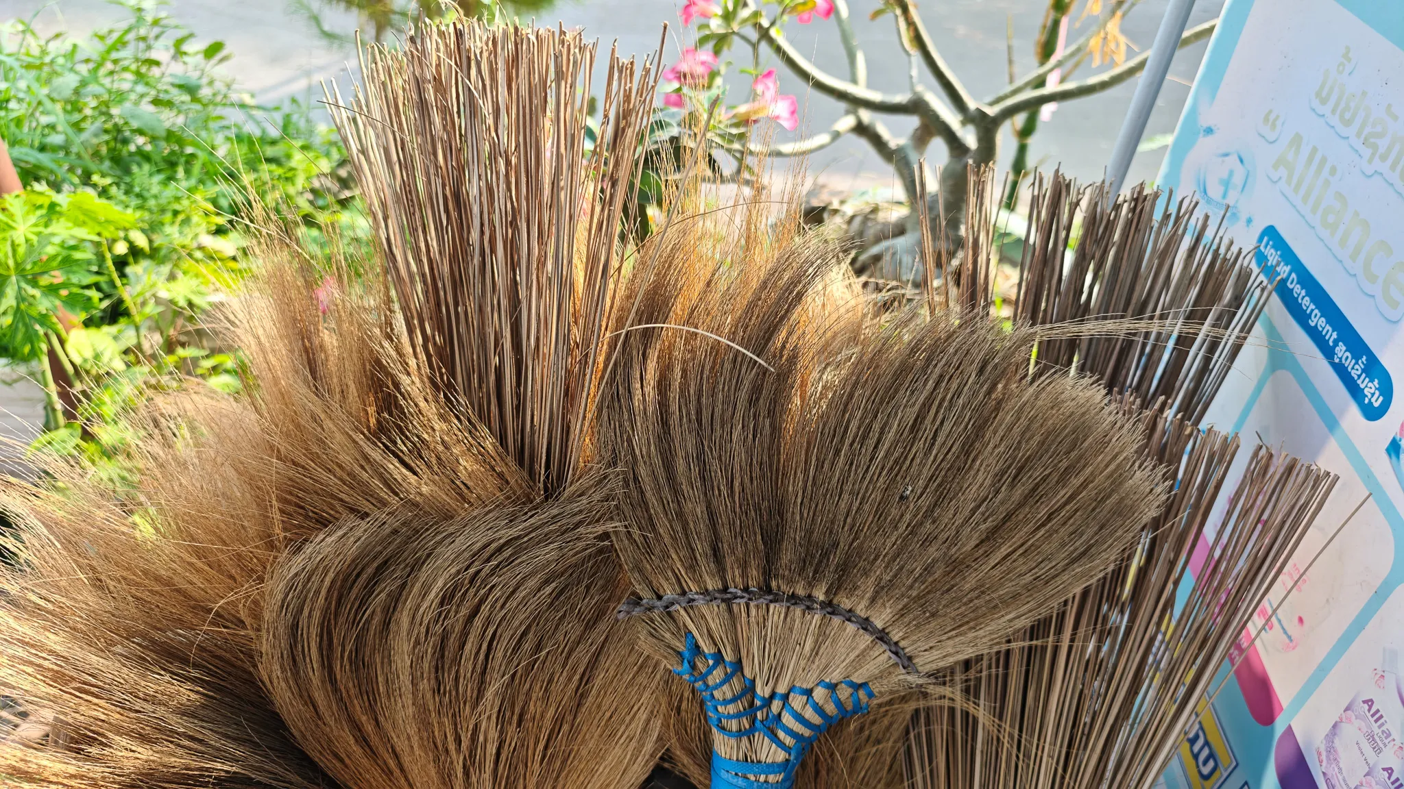 Bundle of traditional Lao straw brooms for sale at a market stall in Vientiane